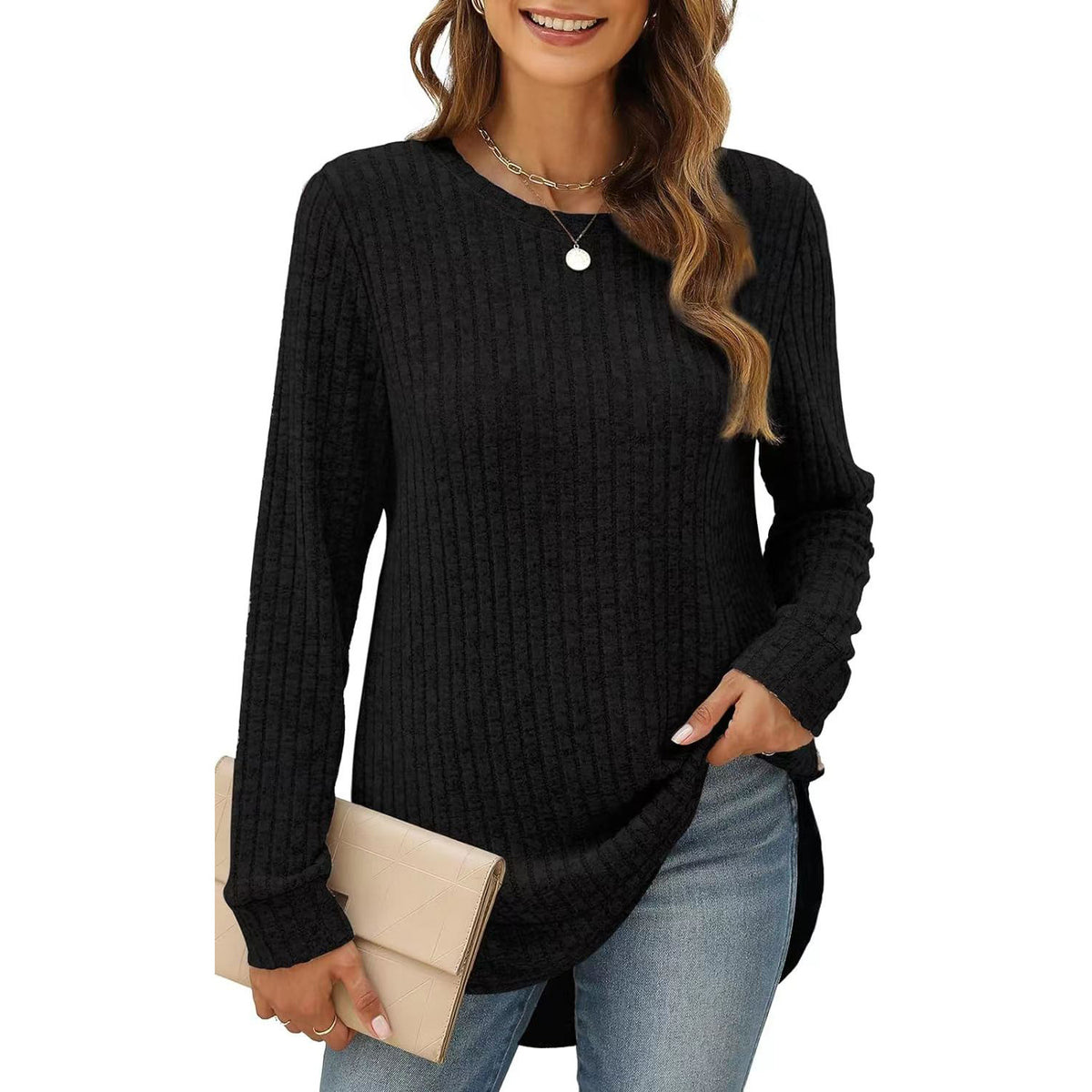 Women's Oversized Ribbed Long Sleeve Crew Neck Tunic Top