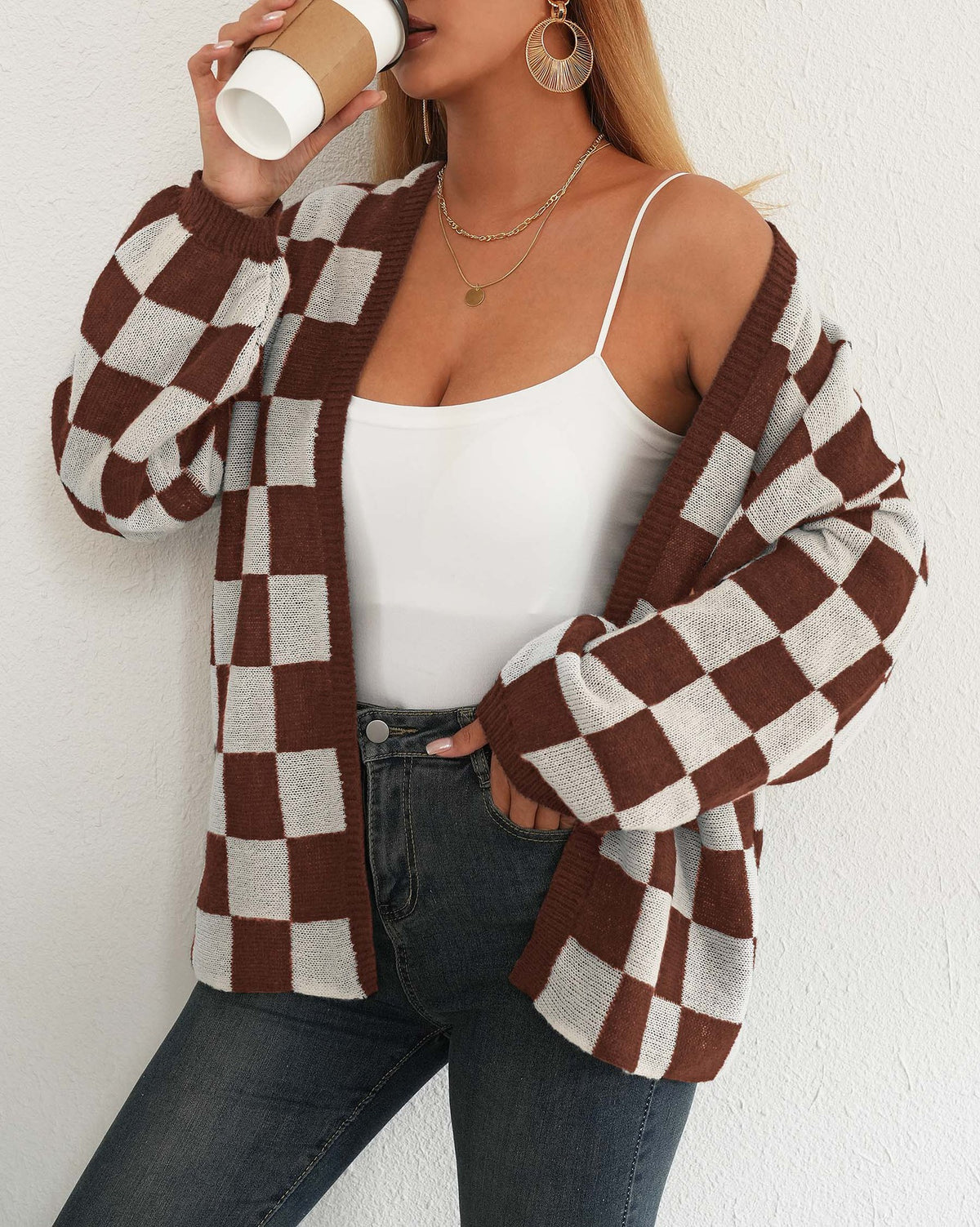 Women's Checkered Cardigan Color Block Knit Open Front