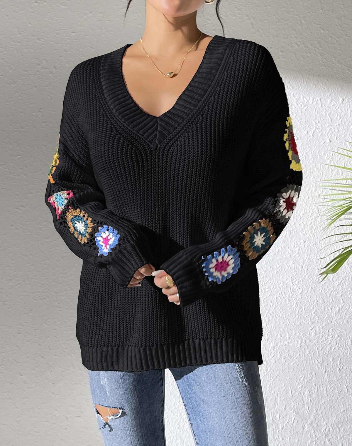 Women's Crochet Patchwork V-Neck Knit Sweater