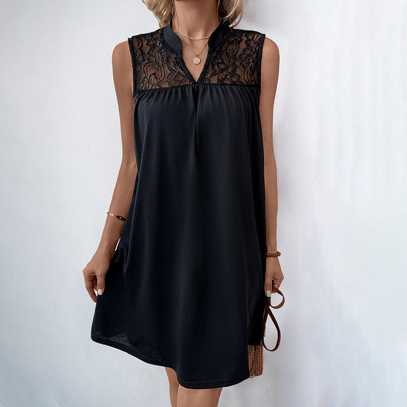 Sleeveless Black Dress with Lace Yoke and Stand Collar