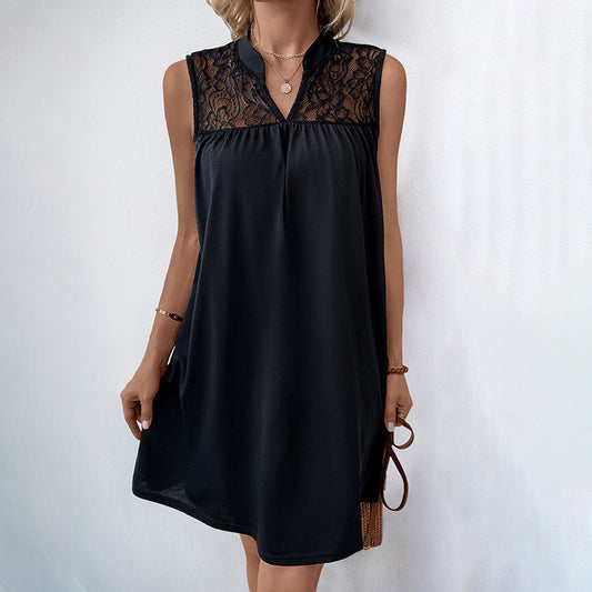 Sleeveless Black Dress with Lace Yoke and Stand Collar
