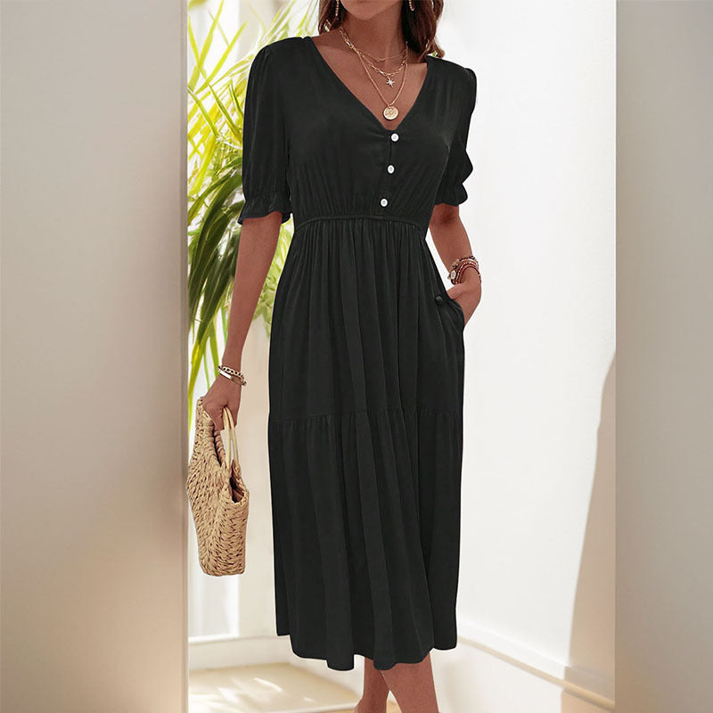 High Waist Solid Color Casual Midi Dress for Women