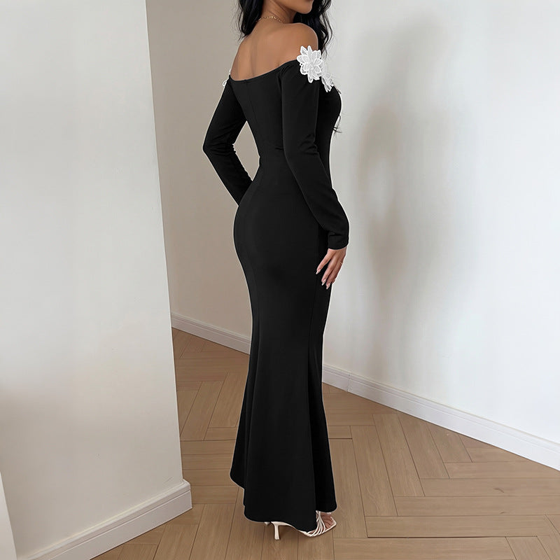 Floral Applique Off Shoulder Mermaid Maxi Dress
