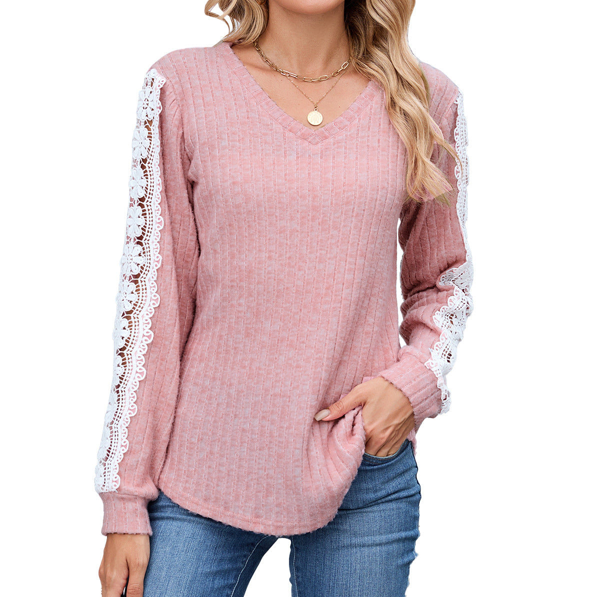 Women's V-Neck Lace Trim Ribbed Knit Tunic Top