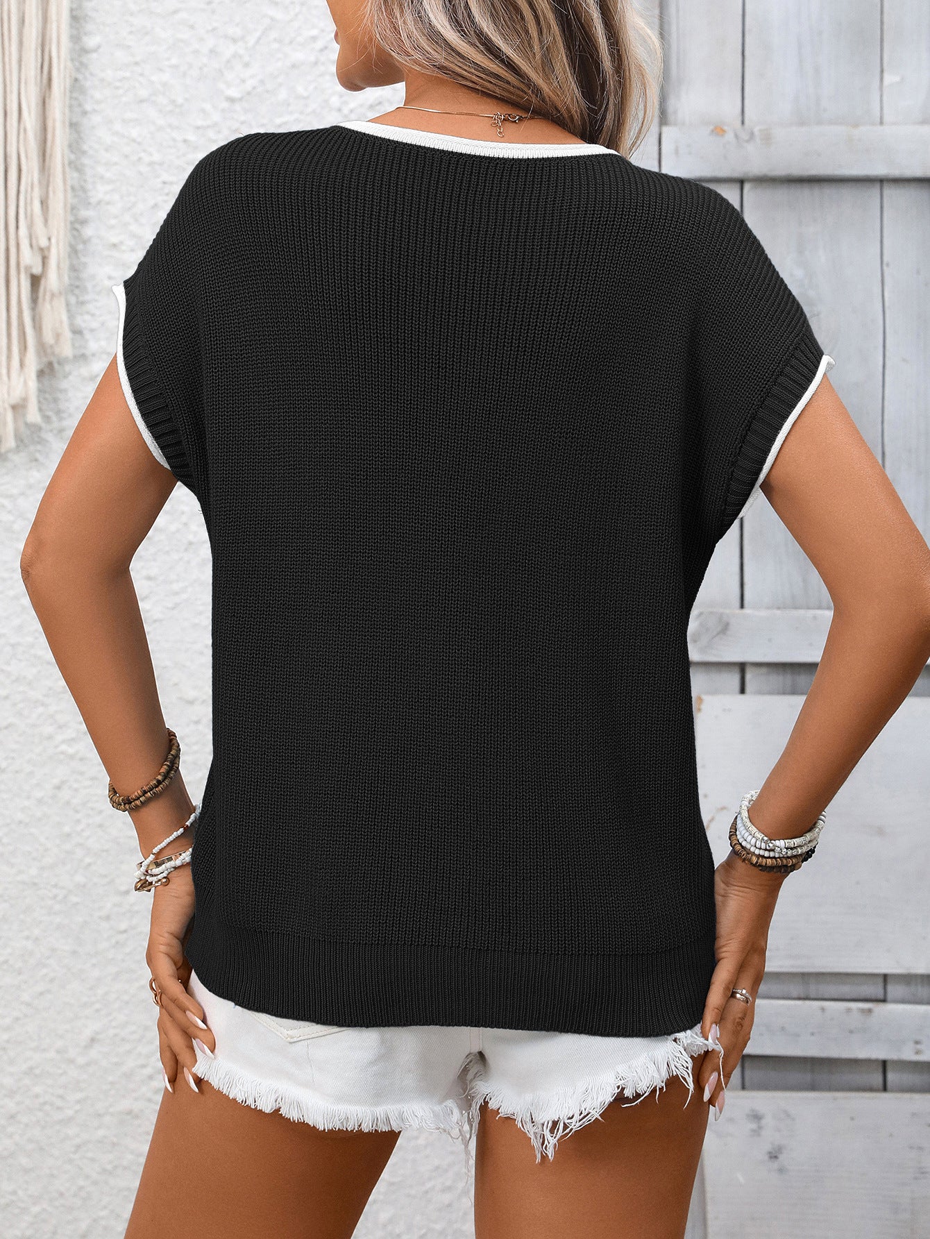 Contrast Trim Round Neck Short Sleeve Knit Casual Top