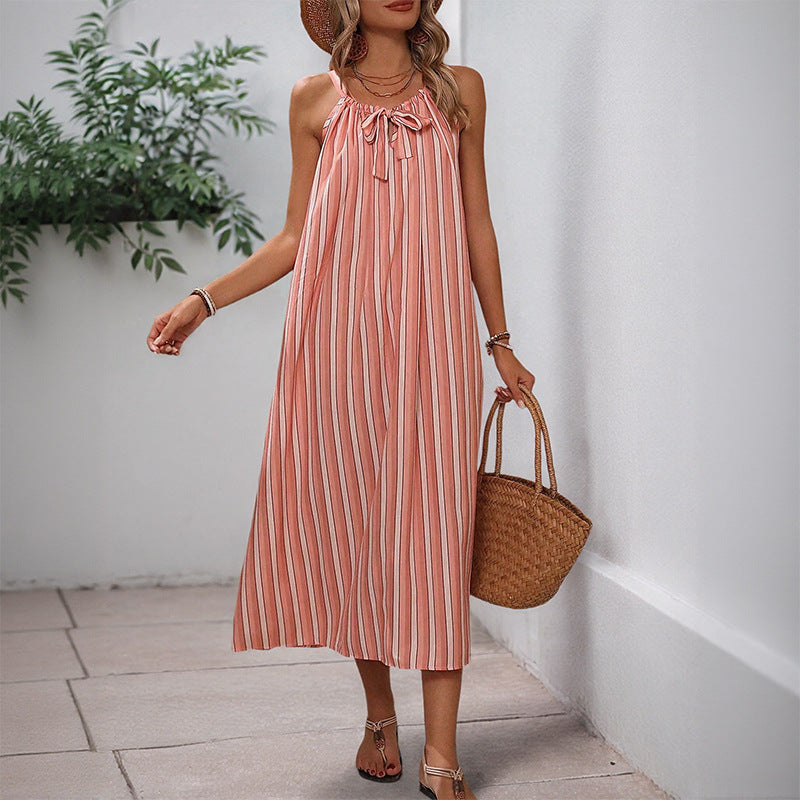 Striped Tie Neck Sleeveless Loose Fit Midi Dress Summer