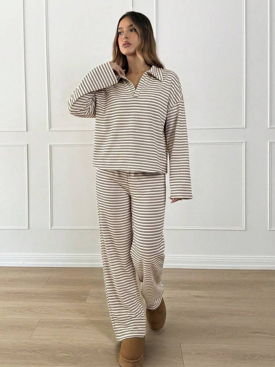Striped Lounge Set Casual Collared Pullover Wide Leg Pants
