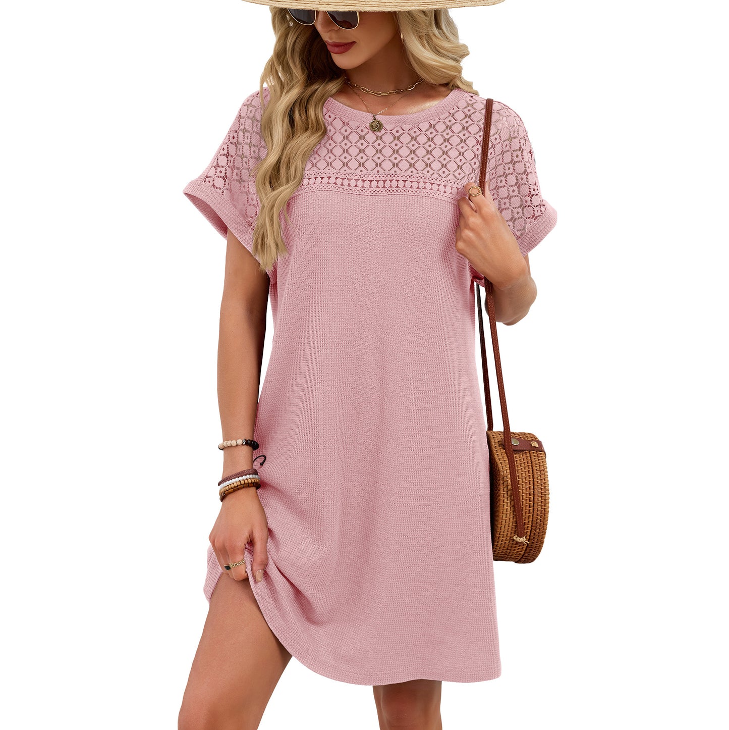 Women’s Lace Patchwork Short Sleeve Casual T Shirt Dress