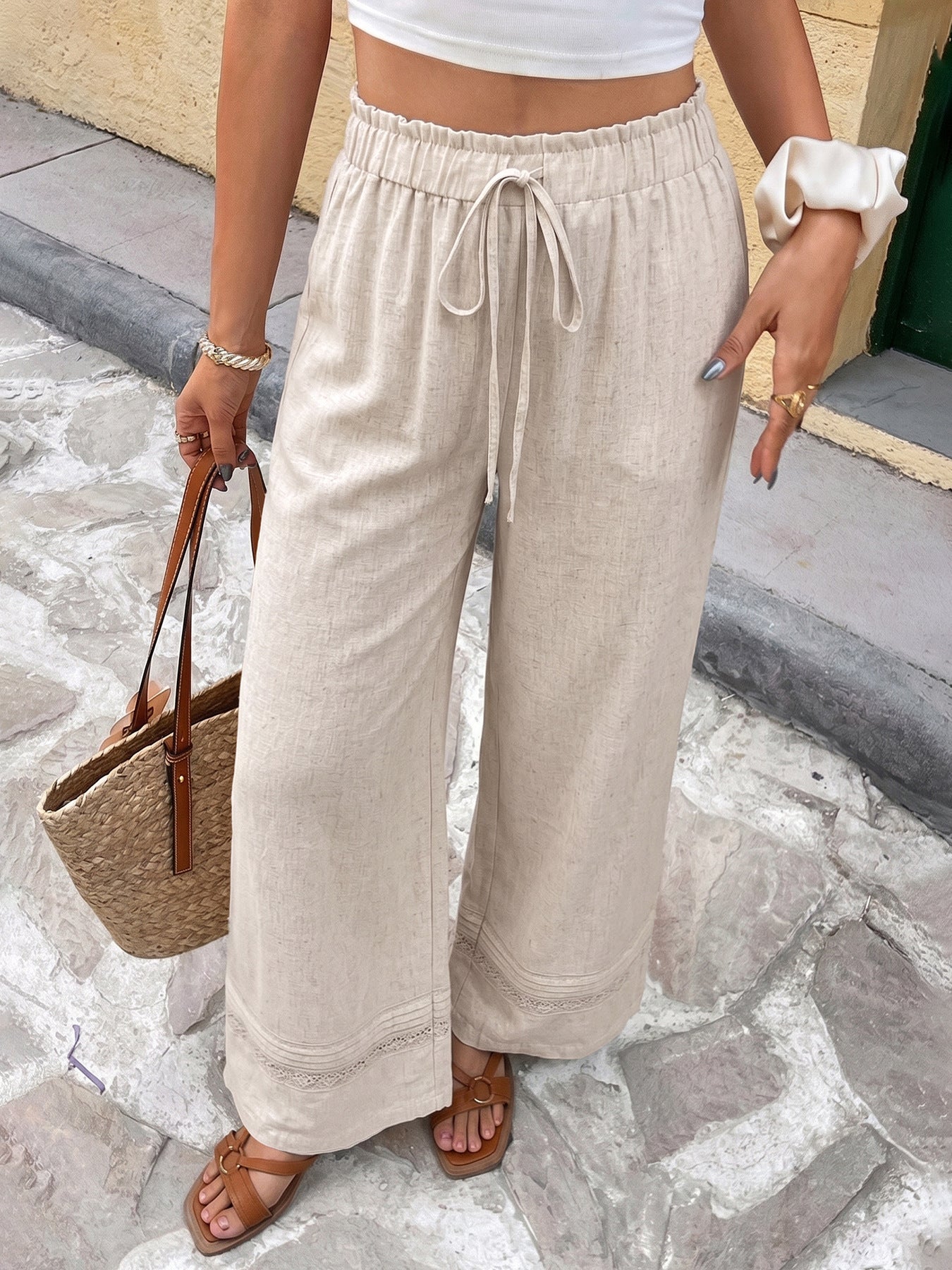 Solid Linen Pants Casual Drawstring Wide Leg Lace Trim