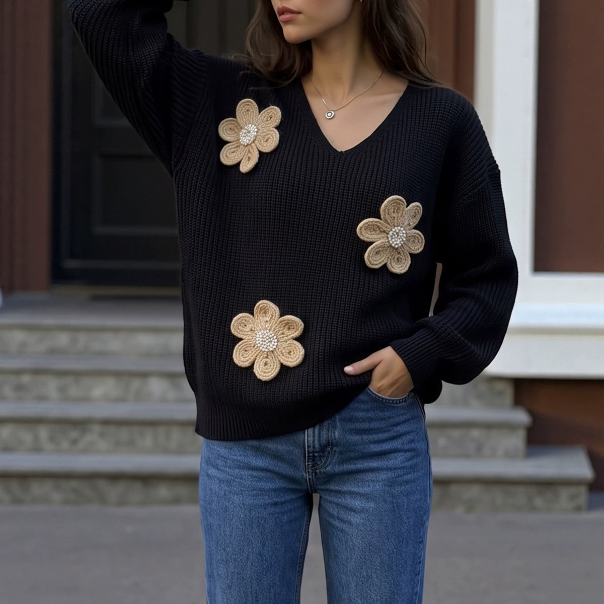 V-Neck Beaded Flower Sweater Balloon Sleeve Pullover