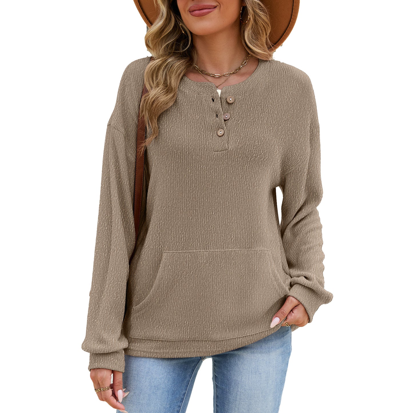 Women's Waffle Henley Pocket Sweatshirt Long Sleeve Oversized