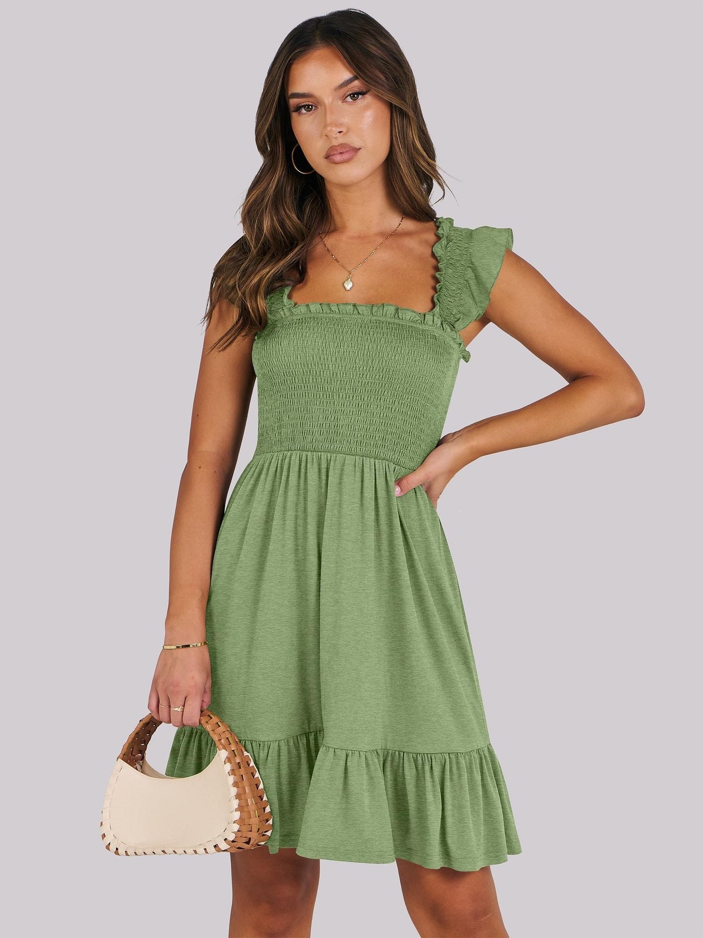 Women’s Smocked Square Neck Ruffle Sleeve Mini Dress Casual Summer Flowy A Line Dress