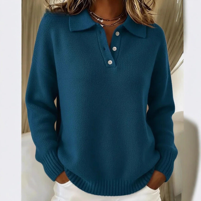 Polo Collar Knit Sweater Button Placket Relaxed Fit