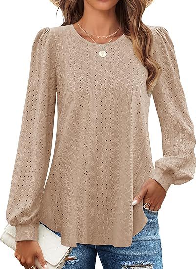 Solid Knit Blouse Casual Eyelet Puff Sleeve Boutique
