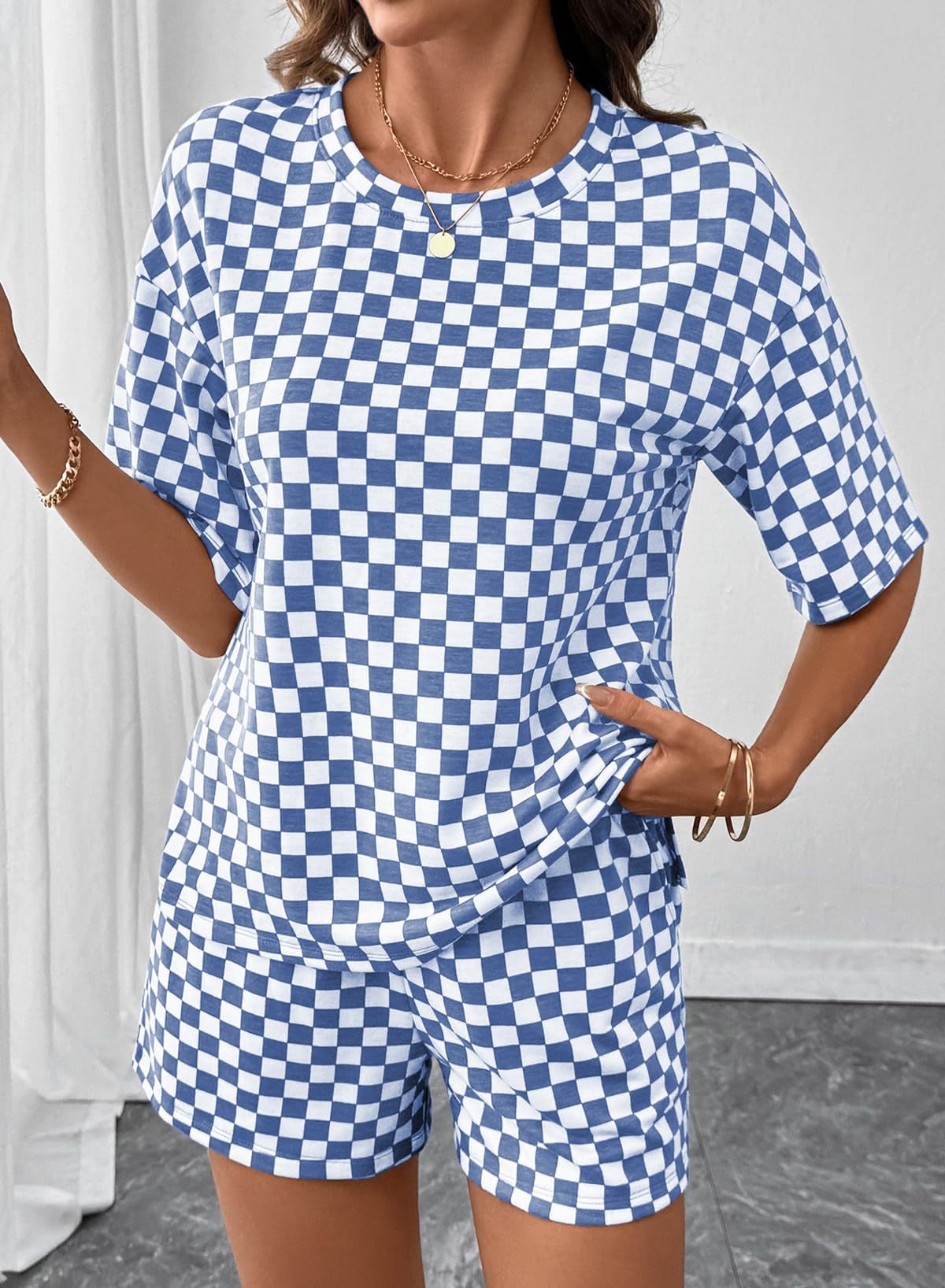 Women's Checkerboard Lounge Set Drawstring Shorts Casual