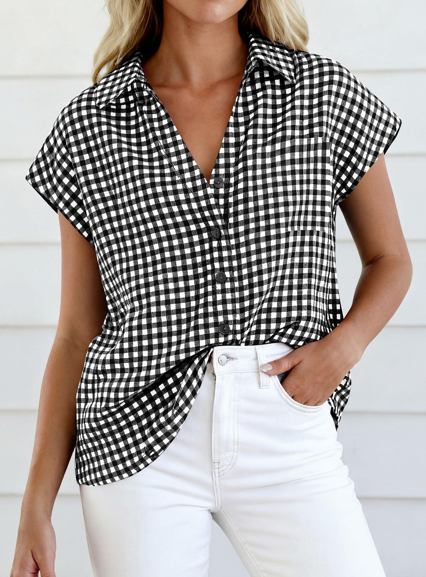 Women Gingham Button Down Summer Top Loose Fit Blouse