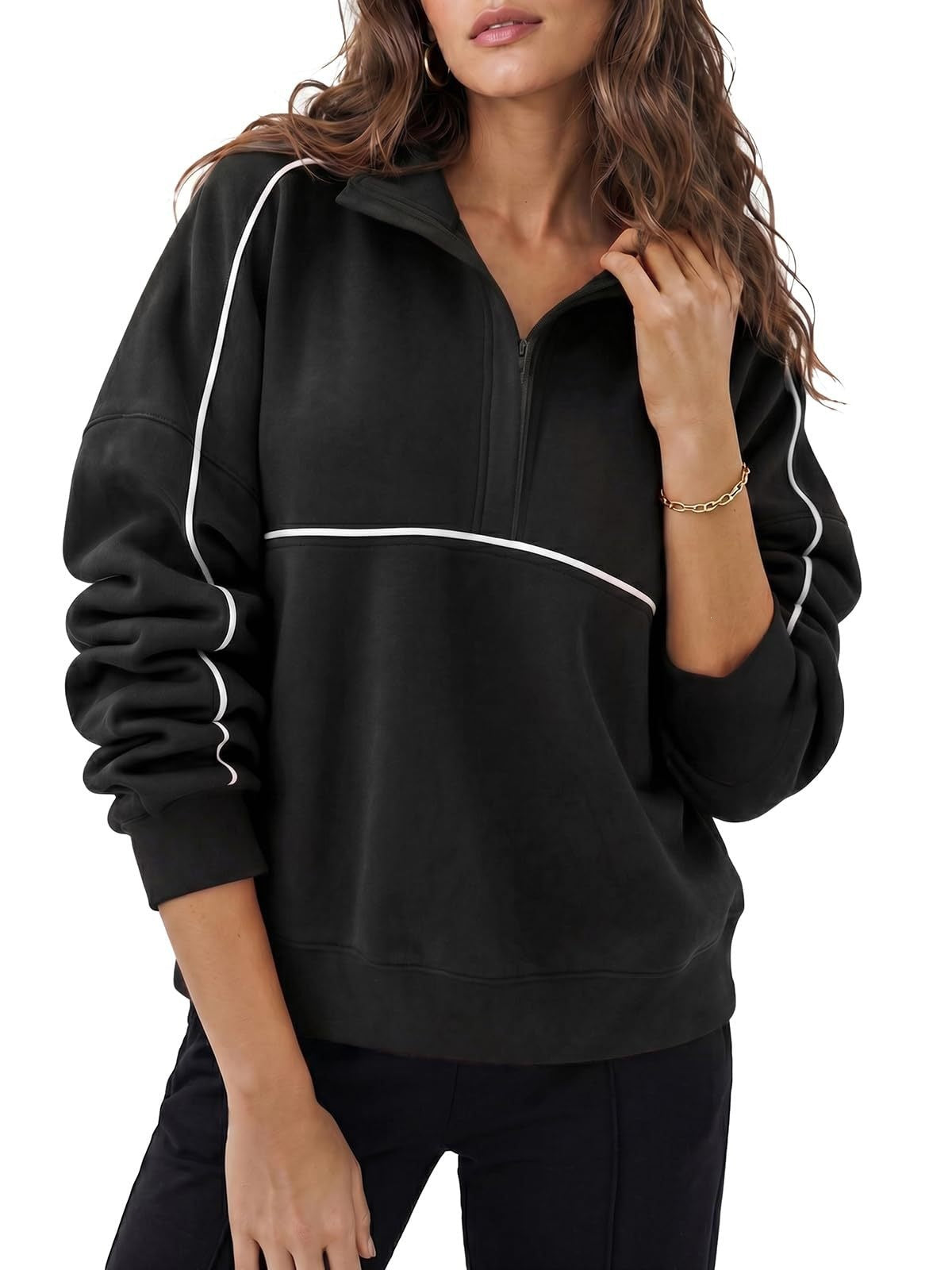 Contrast Piping Half Zip Pullover Sweatshirt