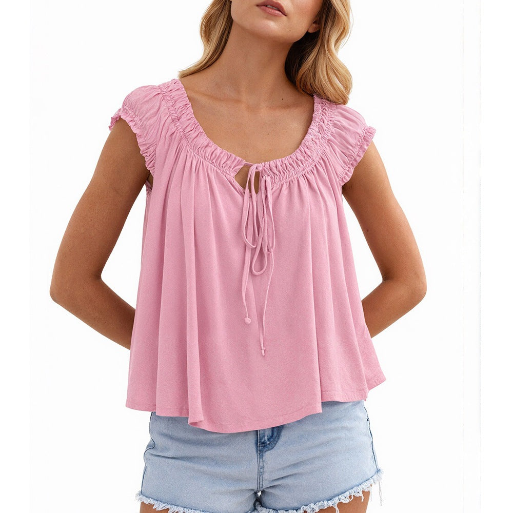 Solid Crinkle Blouse Casual Tie Neck Flutter Sleeve