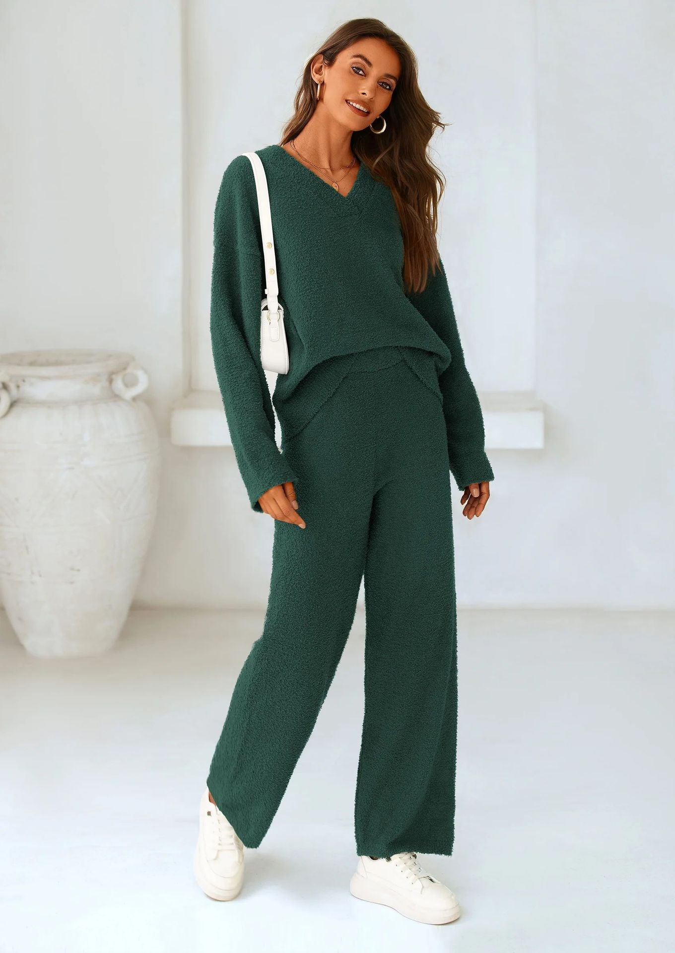 Women's V-Neck Knit 2 Piece Lounge Set Wide Leg Pants