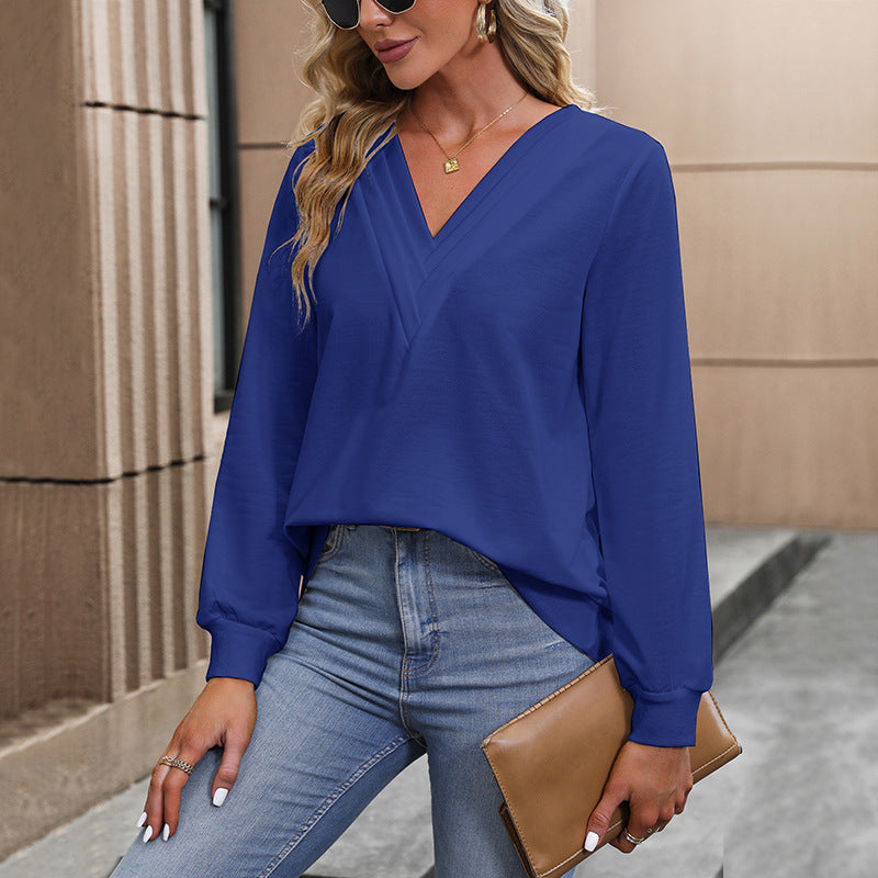 Casual V Neck Long Sleeve Solid Pullover Sweatshirt