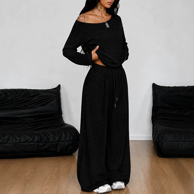 Women's Off Shoulder Wide Leg Two Piece Lounge Set