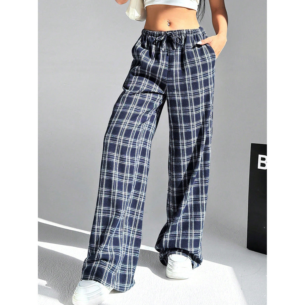 Gingham Check Wide Leg Casual Pants
