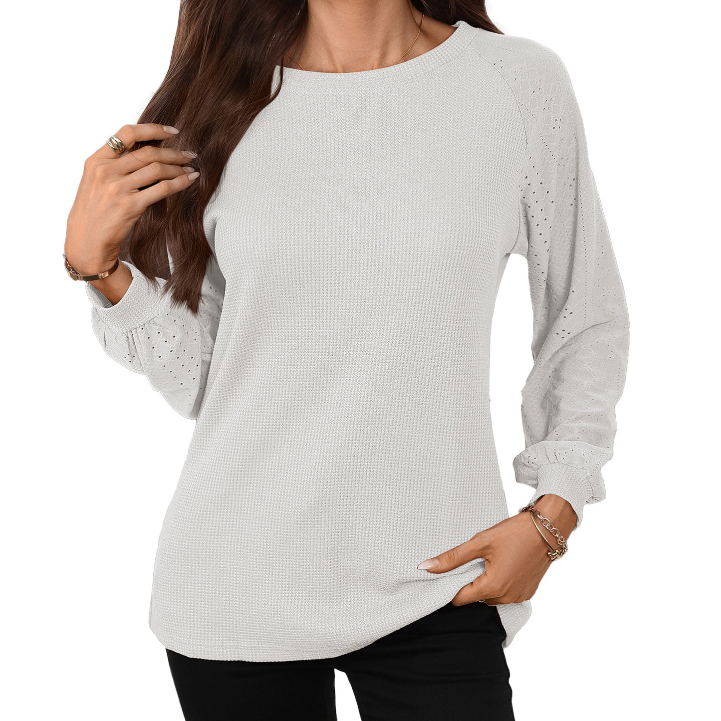 Solid Patchwork Long Sleeve Top Loose Fit Casual Blouse