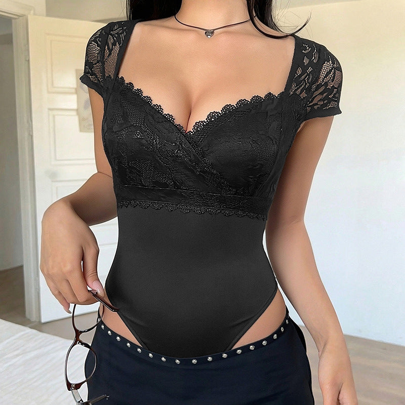 Lace V Neck Bodysuit Slim Fit Sexy Summer Top