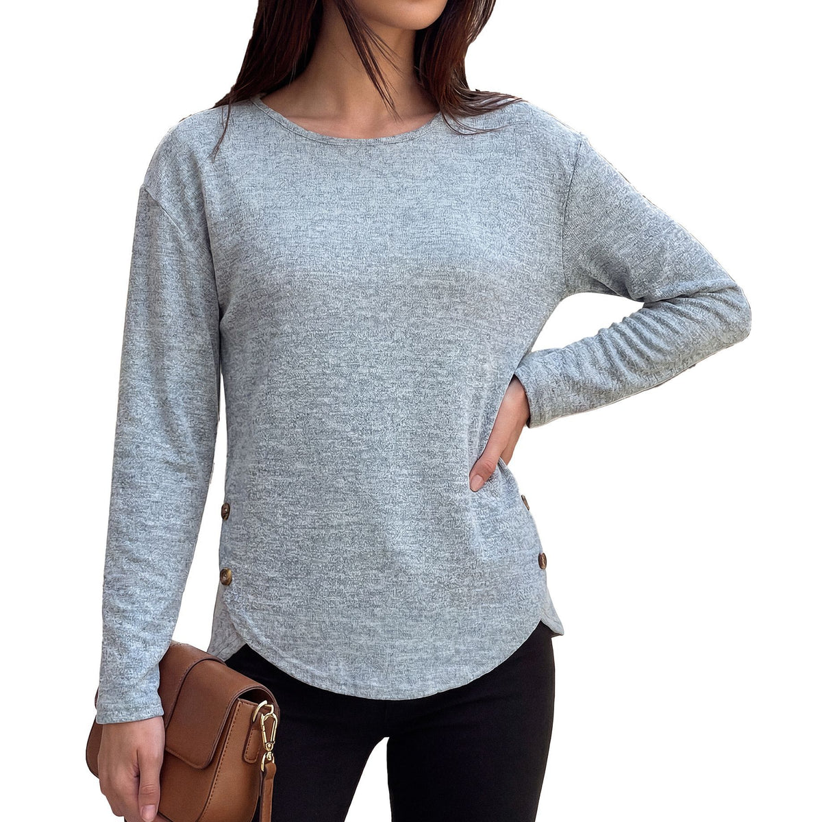 Women's Loose Long Sleeve Side Button Slit Tunic Top
