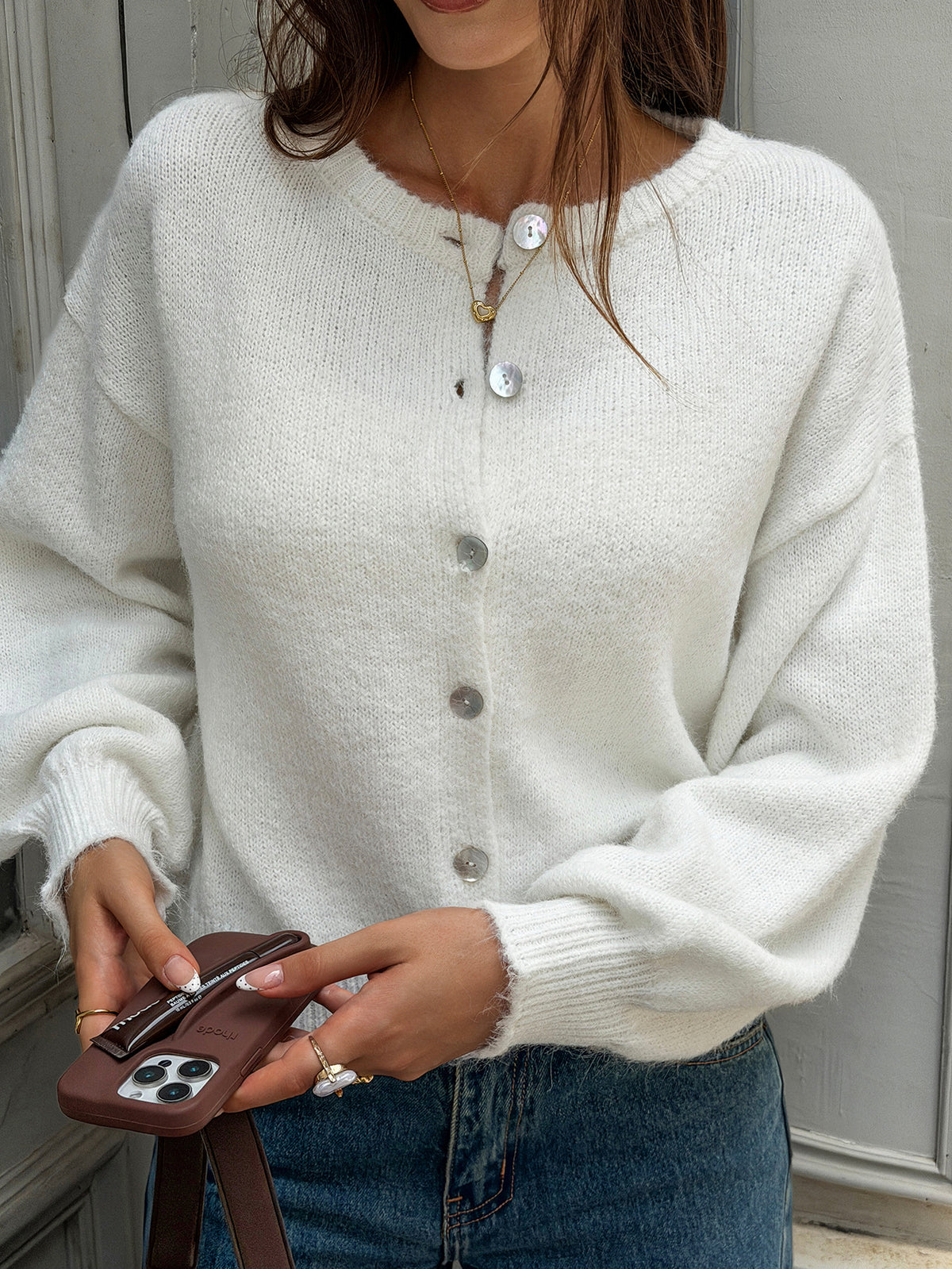 Cropped Cardigan Balloon Sleeve Button Front Cozy Sweater