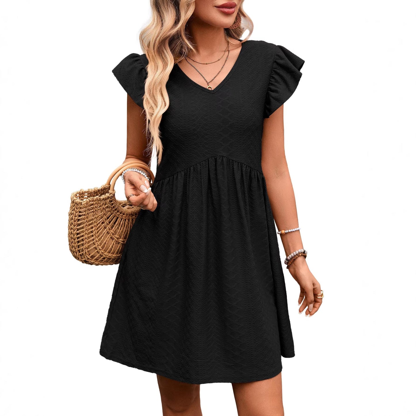Textured V Neck Flutter Sleeve Pocket Mini Dress