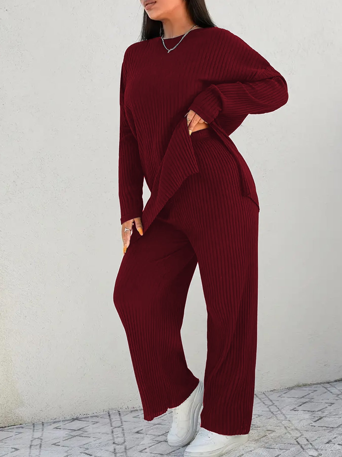 Plus Size Ribbed Knit Lounge Pants Set