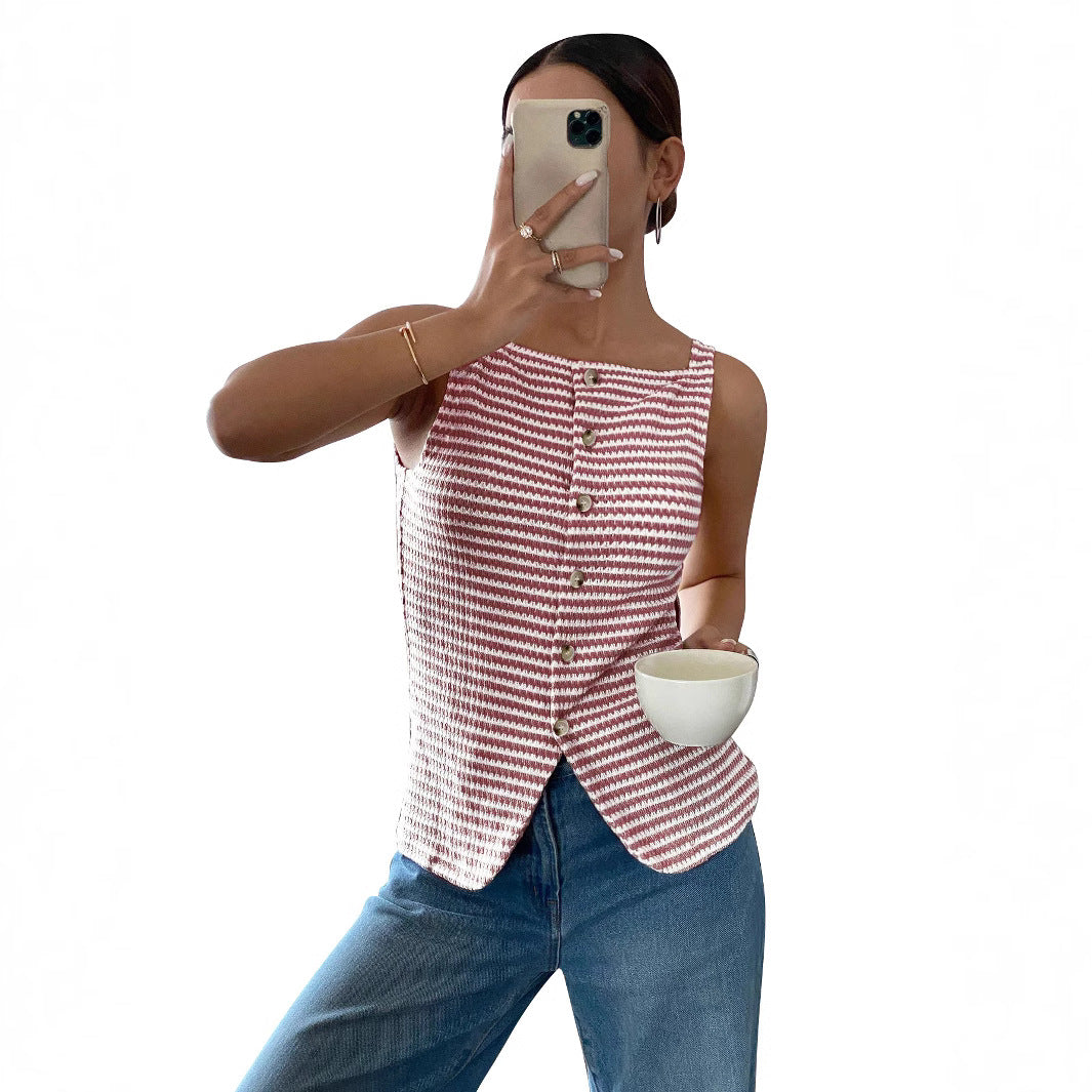 Striped Button Front Sleeveless Tank Top with Slit Hem
