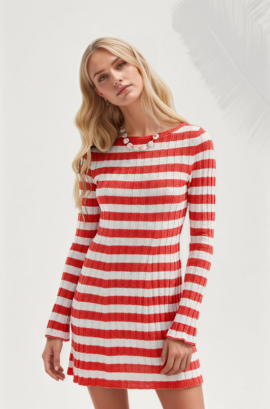 Striped Ribbed Knit Dress Mini Long Sleeve Trendy