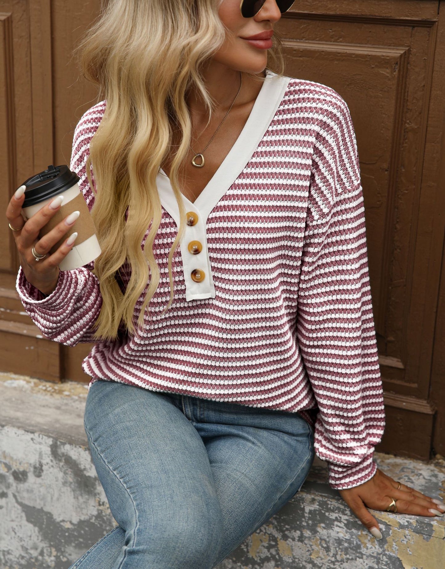 Striped Cotton Blend Top Casual Henley V Neck Tunic