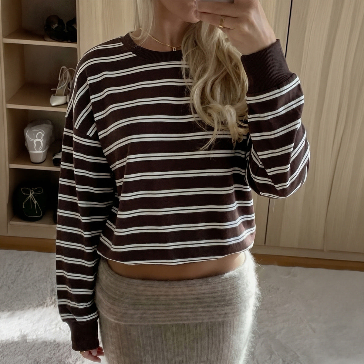 Women's Brown Striped Crewneck Long Sleeve Sweatshirt