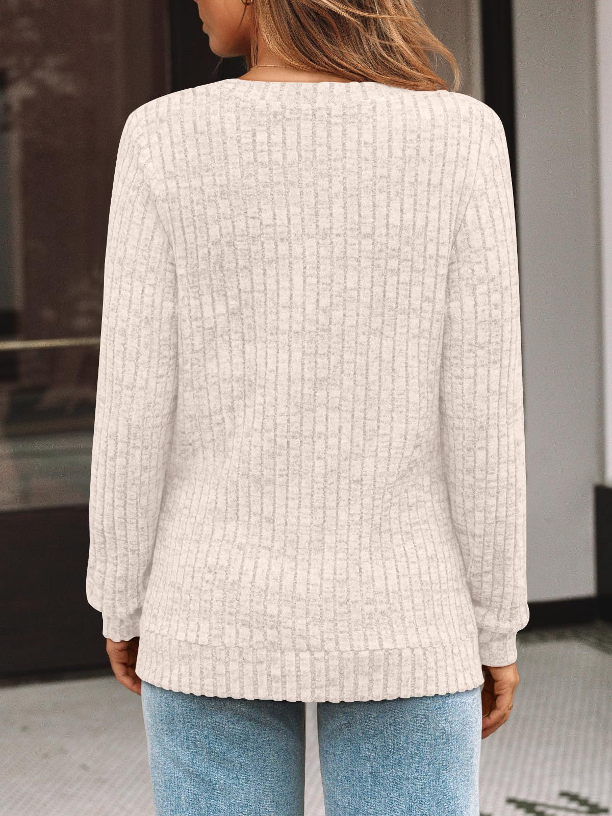 Women's Oversized V-Neck Long Sleeve Ribbed Pullover Top