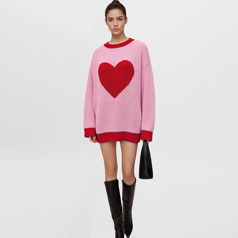 Women's Oversized Heart Color Block Chunky Knit Sweater