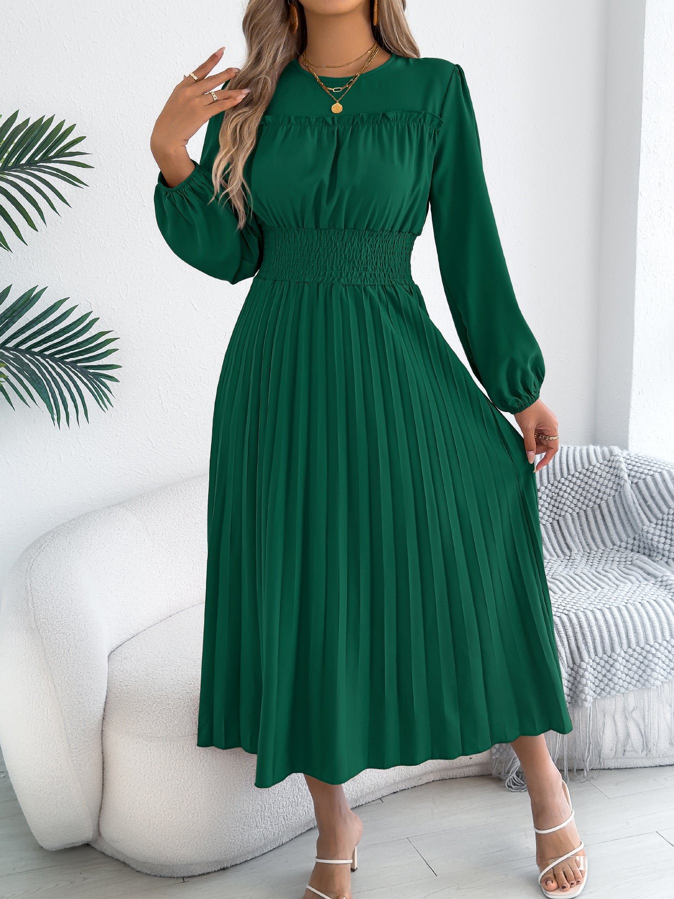 Light Blue Smocked Waist Long Sleeve Pleated Maxi Dress