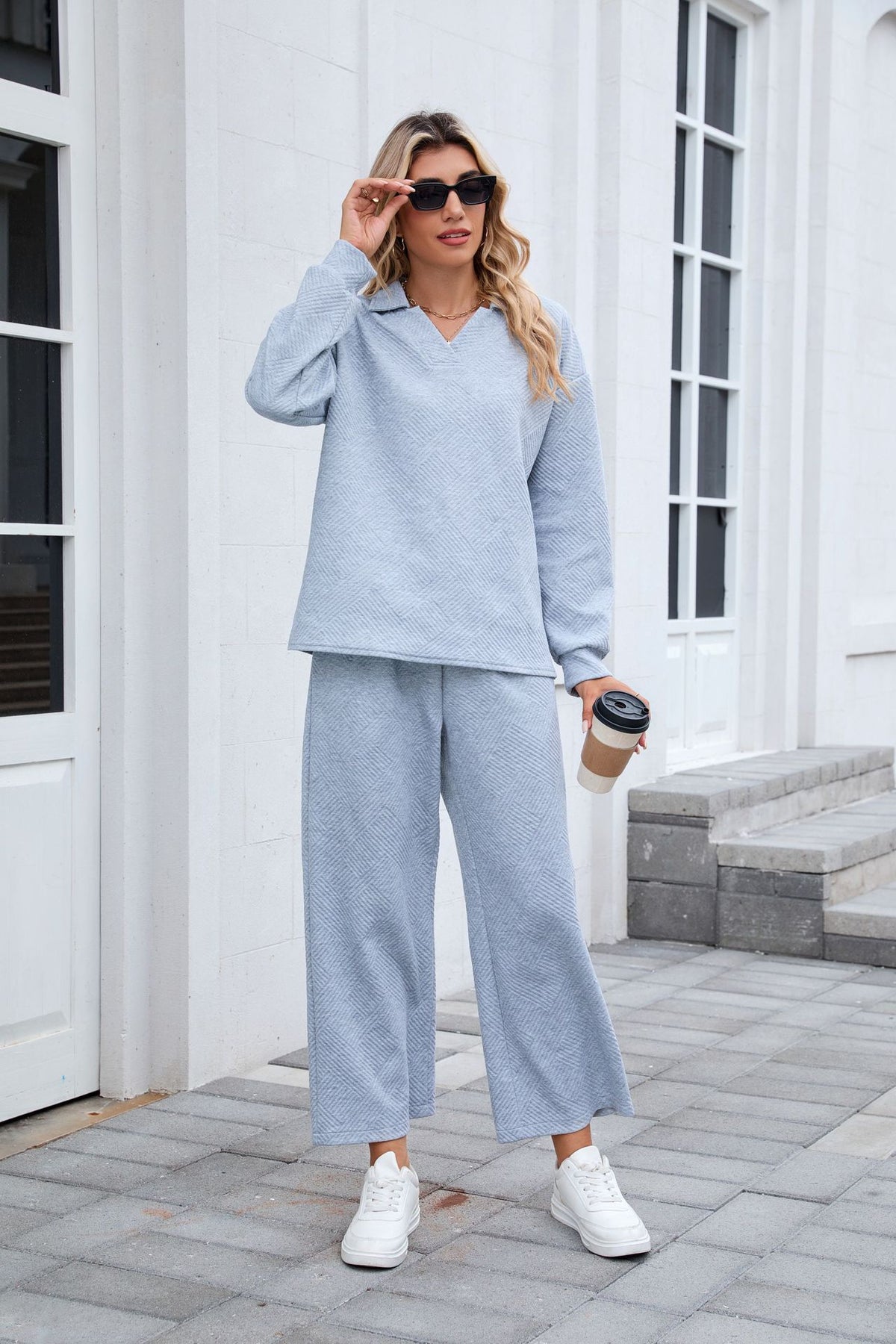 Women's Collared Sweatshirt & Wide Leg Pants Matching Set