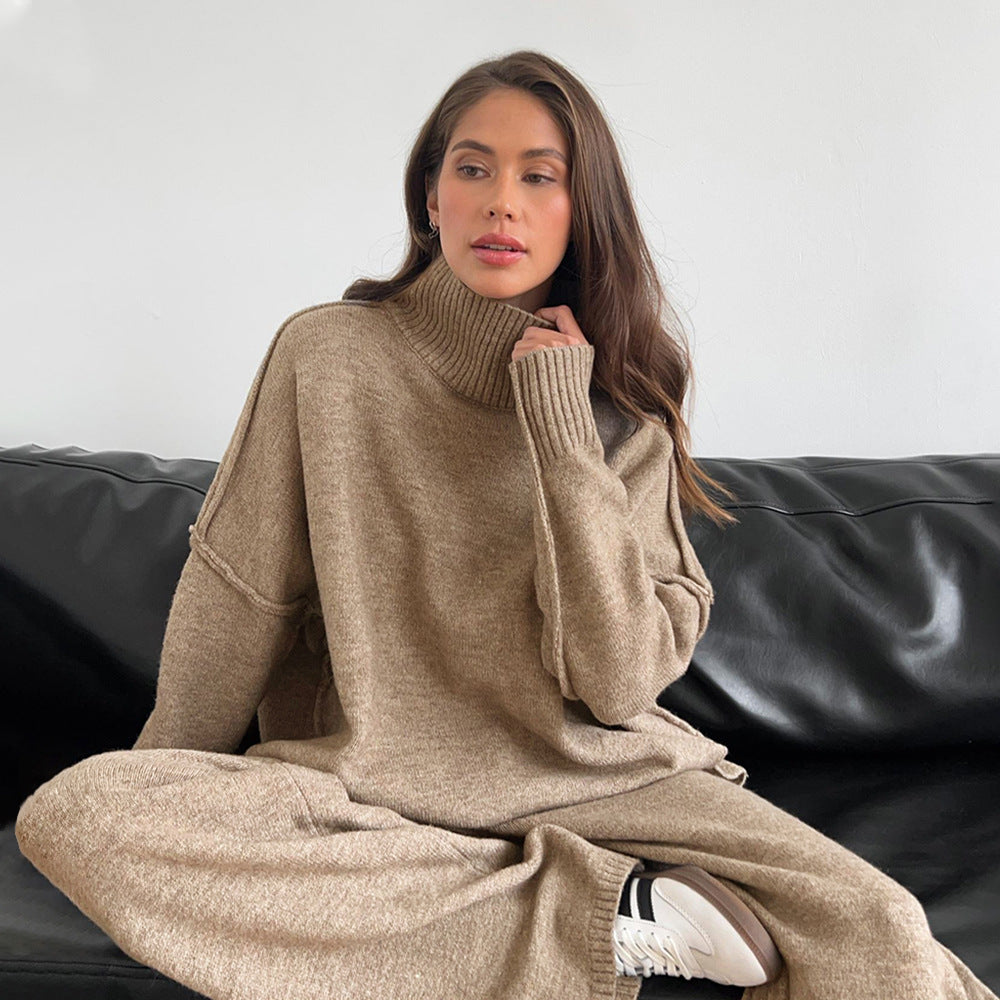 Turtleneck Knit Sweater Pants Set Relaxed Fit