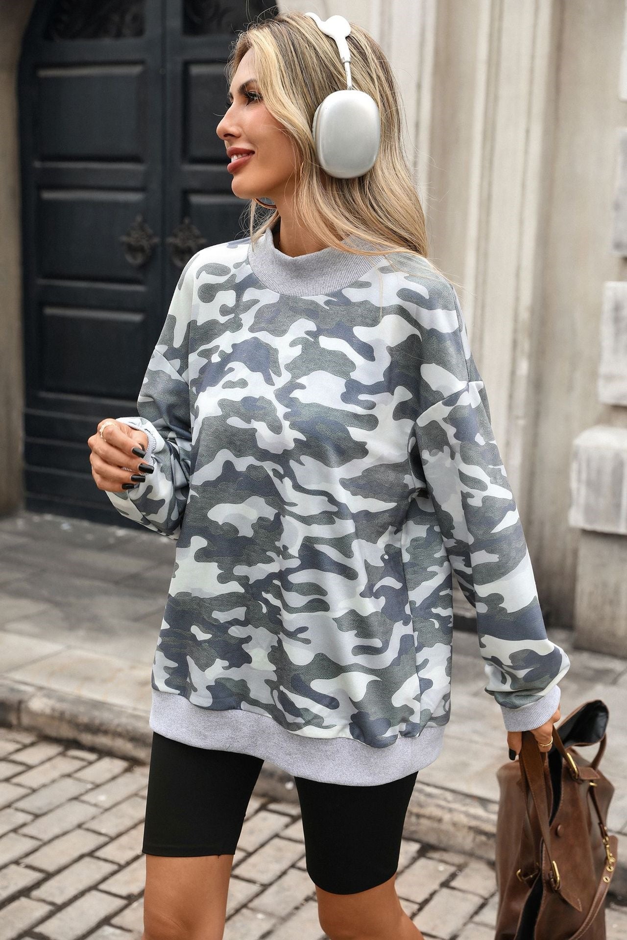 Camo Print Oversized Crew Neck Pullover Sweatshirt