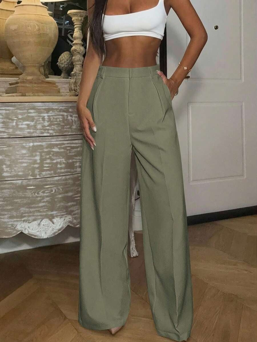 Solid High Waisted Wide Leg Dress Pants Business Work Trousers