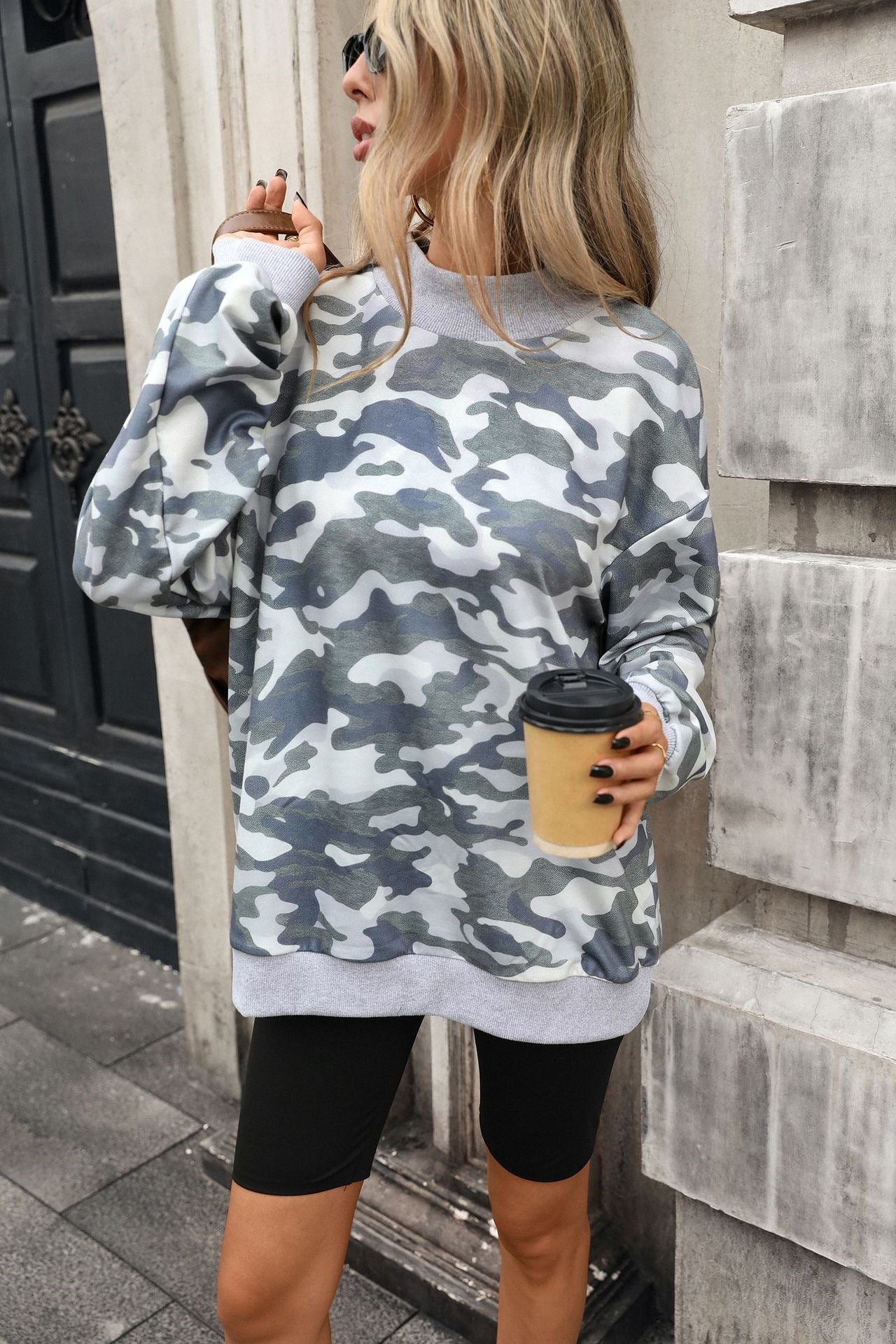 Camo Print Oversized Crew Neck Pullover Sweatshirt