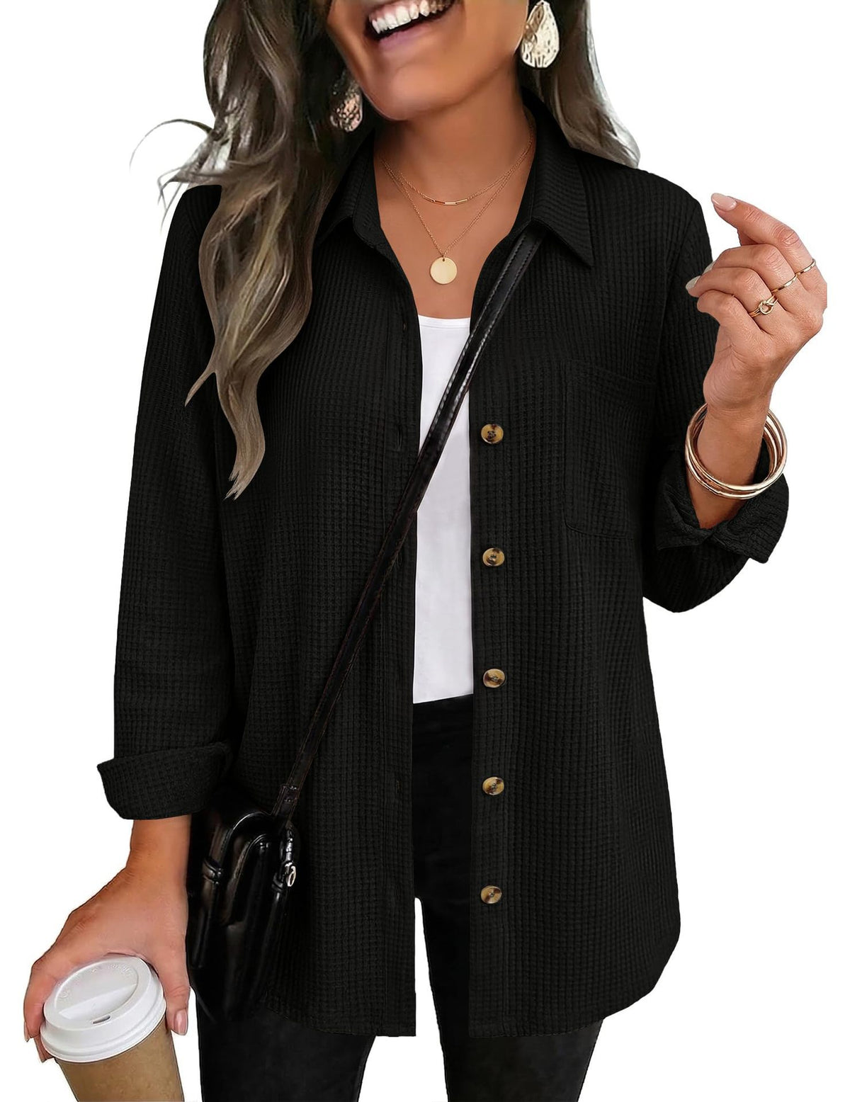 Women's Waffle Knit Button Down Long Sleeve Tunic Shirt