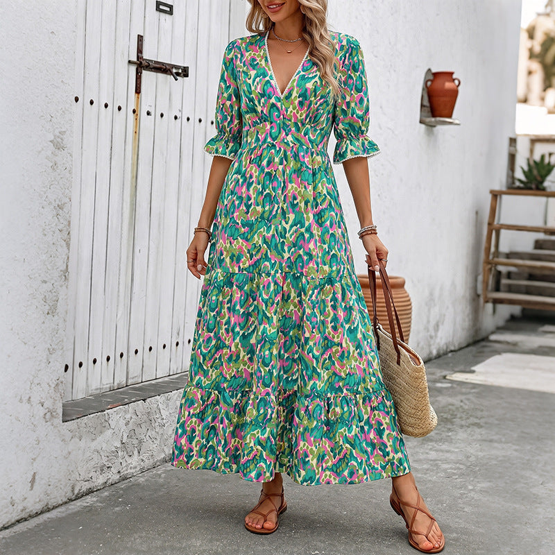 Abstract Cotton Maxi Dress Resort V Neck Tiered