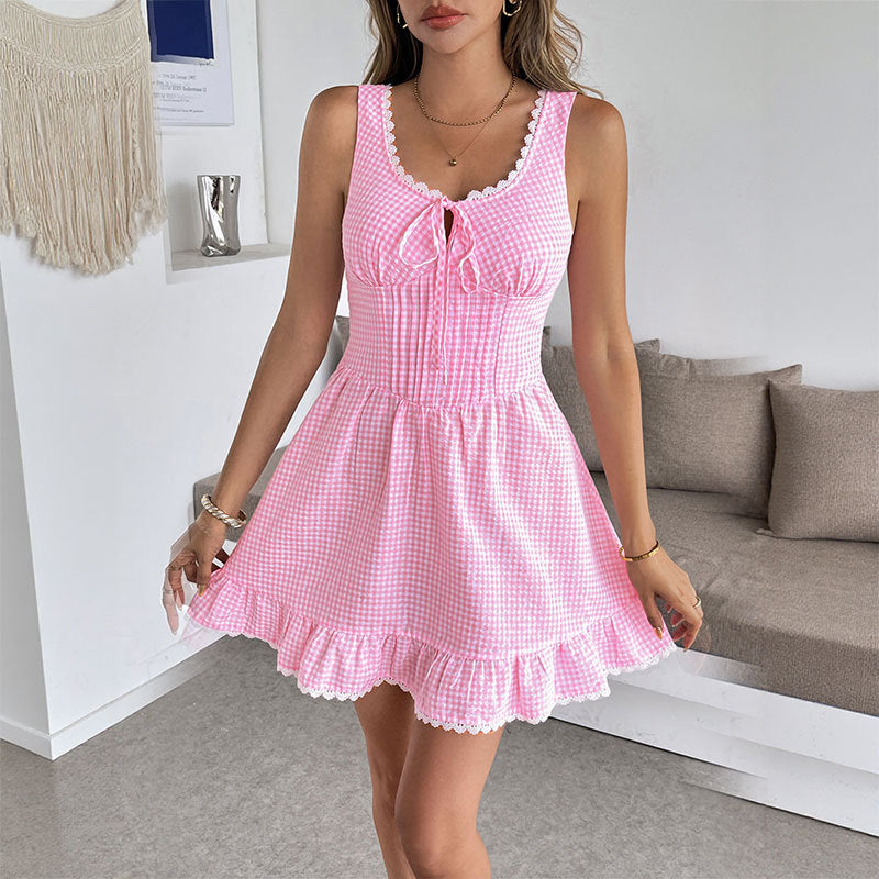 Sweet Gingham Lace Trim Bow Tie Sleeveless Mini Dress