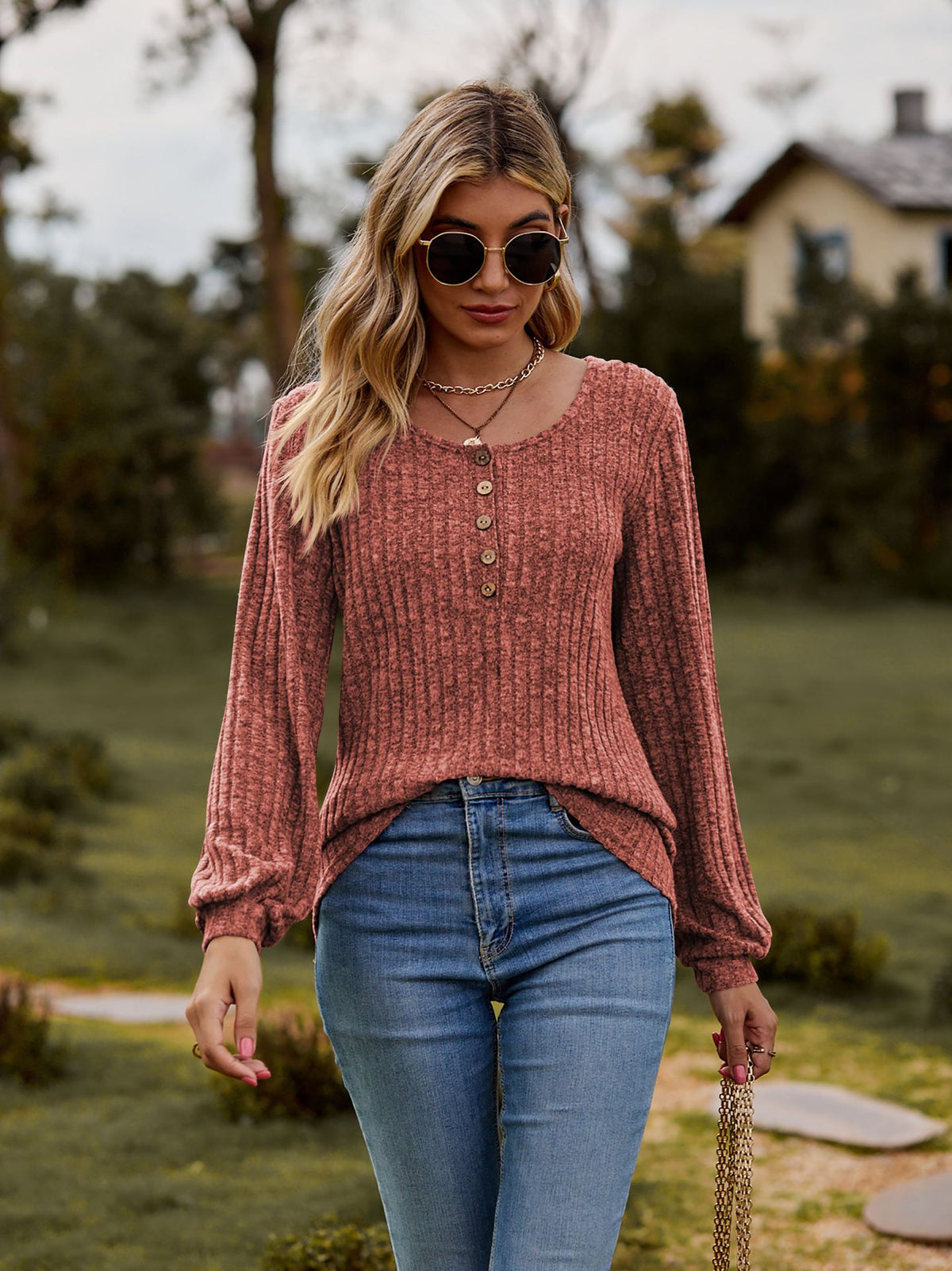 Women's Waffle Knit Button Front Lantern Sleeve Sweater