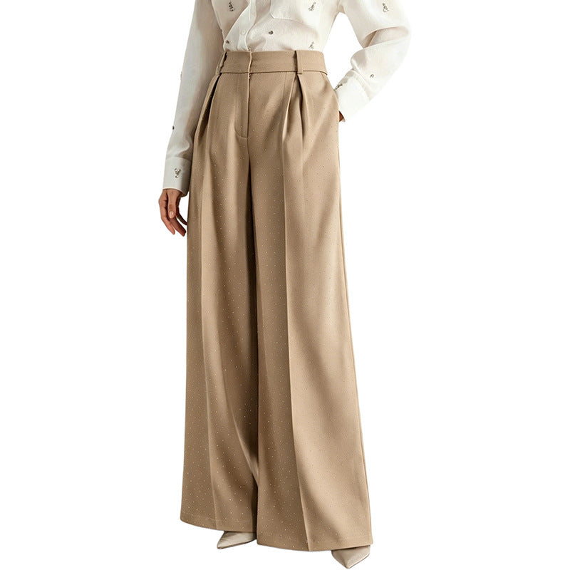 Rhinestone High Waist Pleated Wide Leg Dress Pants