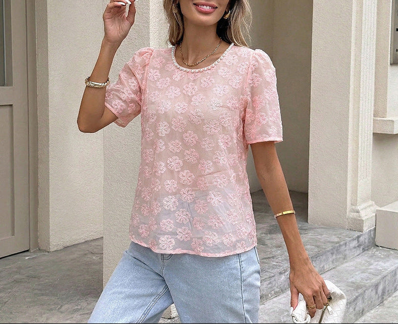 Women Floral Mesh Puff Sleeve Short Sleeve Blouse